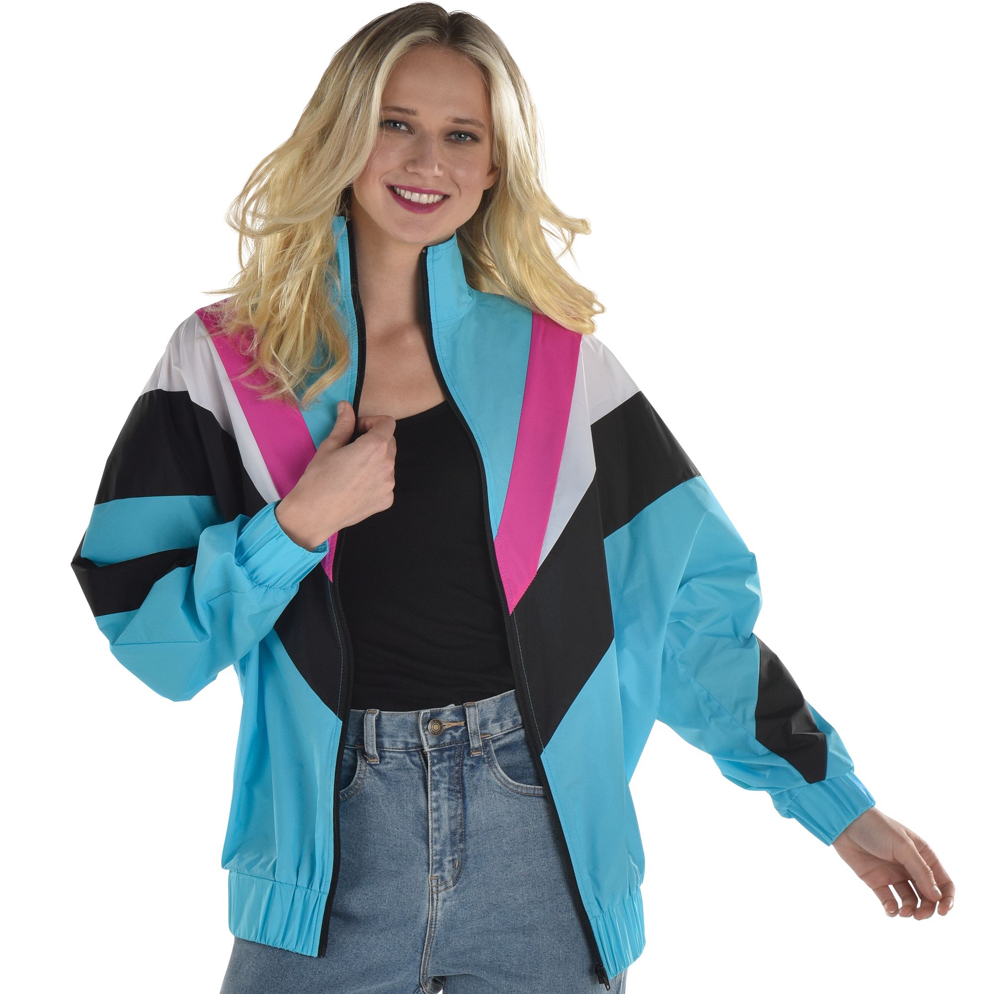 Adult 1990s Windbreaker Jacket Blue/Pink/White, One Size, Wearable