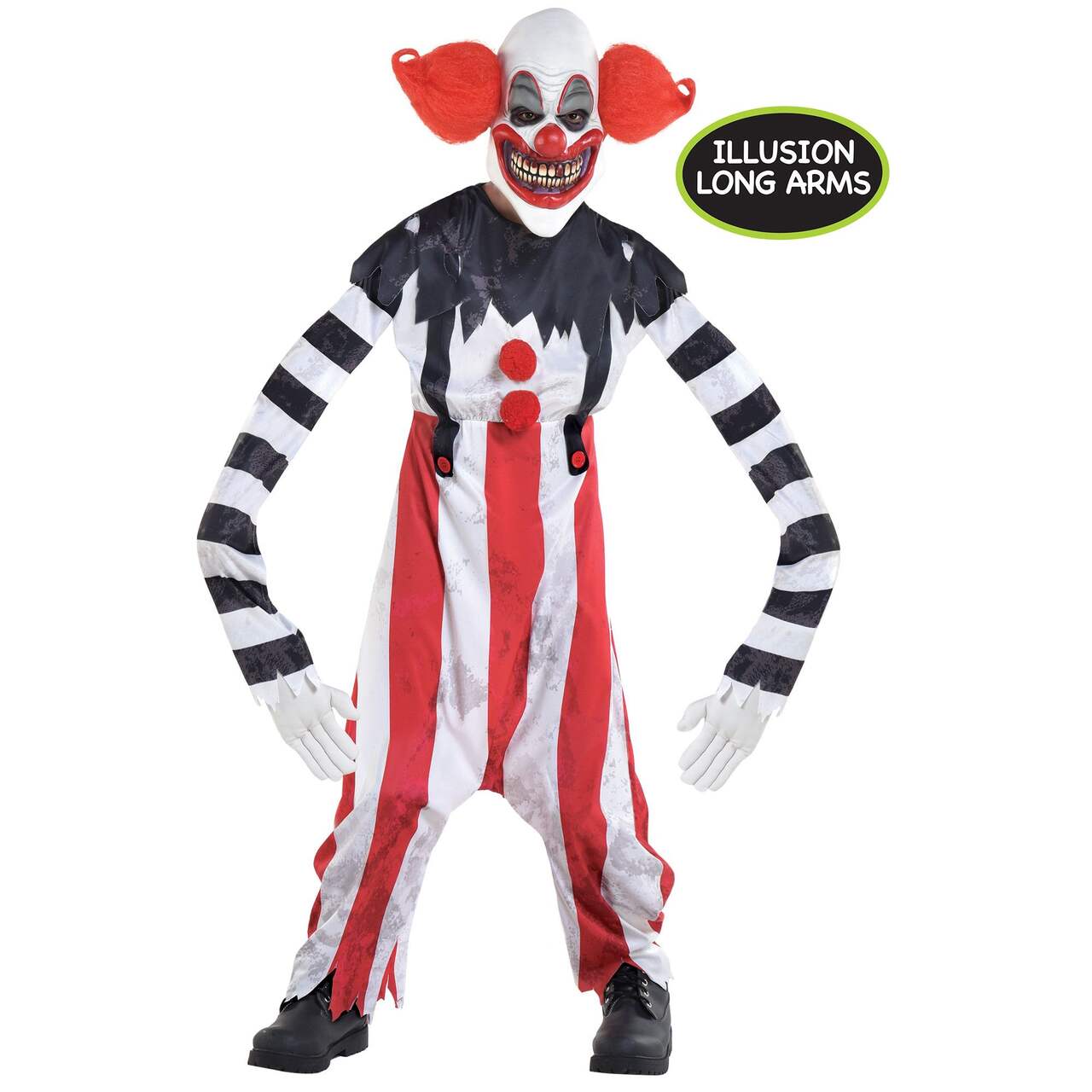 Costume de clown effrayant, enfants, combinaison noir/blanc/rouge avec  masque et bras longs, tailles variées